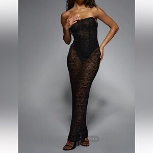 Missguided Black Strapless Lace Sheer Maxi Dress
